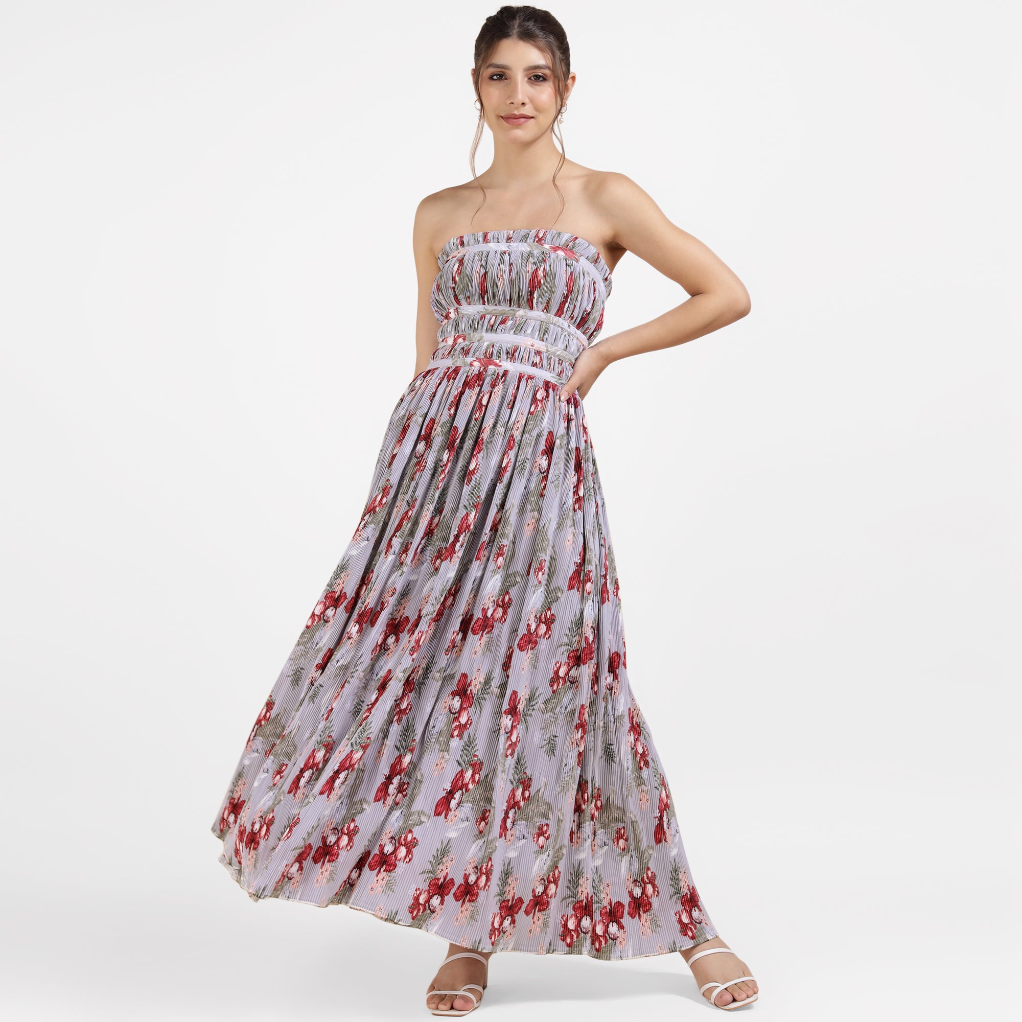 Lavender Strapless Pleated Floral Maxi Dress